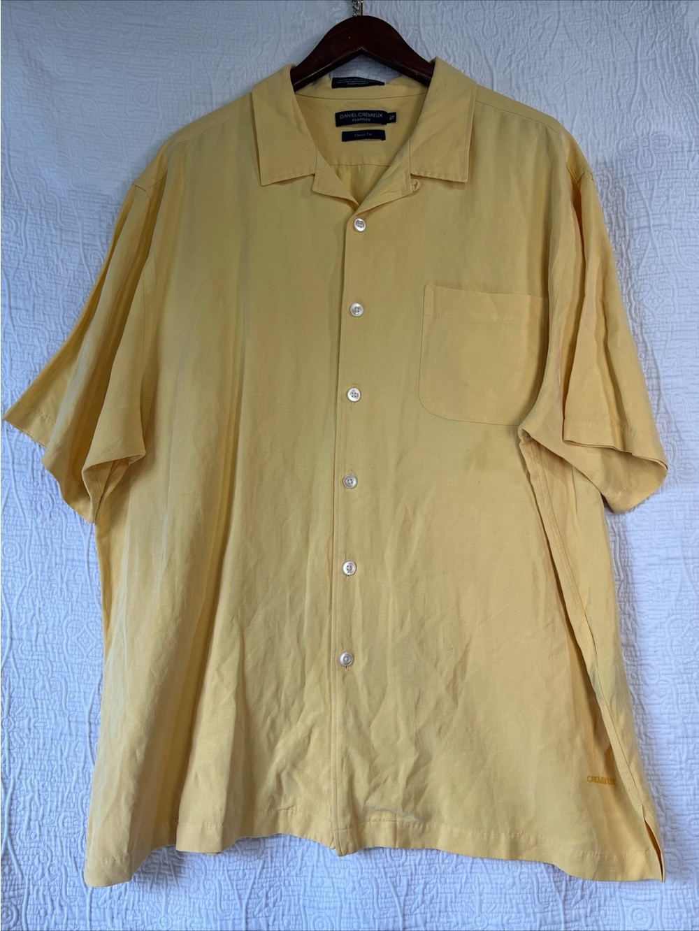 Vintage Daniel Cremieux Men XL Loop Collar Butter Yellow Silk Linen Shirt Casual